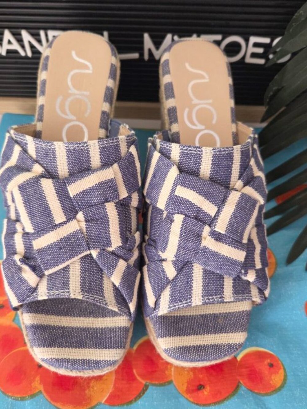 Sugar I Wedge Jute, Canvas Twist Blue and White/Cream Stripe Wedge Sandals 8.5